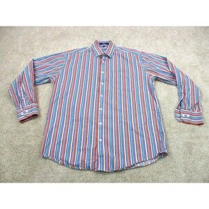 Alan Flusser Shirt Mens Medium Blue Orange Striped Cotton Casual Button Up